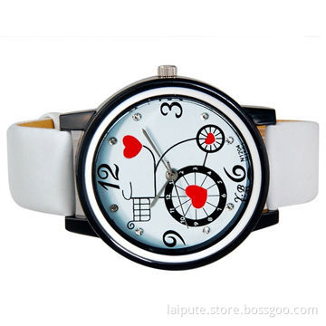 Heart and Bicycle Decorated Children's Analog Watch with Faux Leather Strap (White)